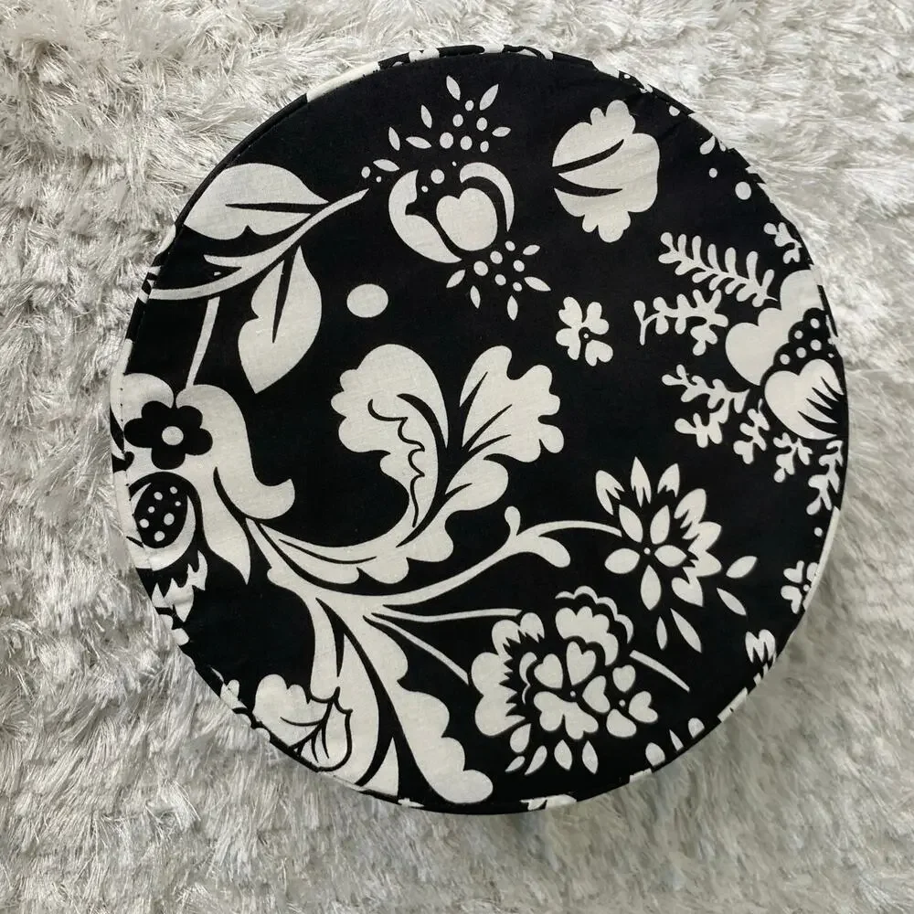 Black Straw Basket Floral Fabric Covered Lid 11 x5